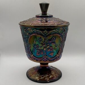 Vintage Fenton Carnival Glass Wild Strawberry Candy Compote With Lid